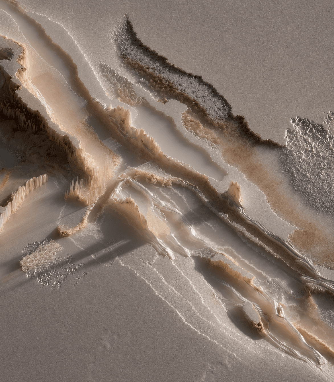 Layered stone and mineral texture in warm light